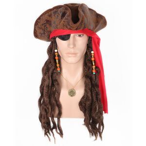 5918 Dreadlocks With Pirate Hat Eye Patch Necklace Brown Pirate
